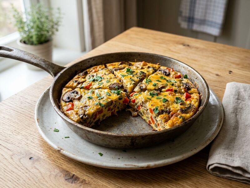 A frittata of eggs, cheddar, mushrooms and red pepper, cut into wedges in the pan.