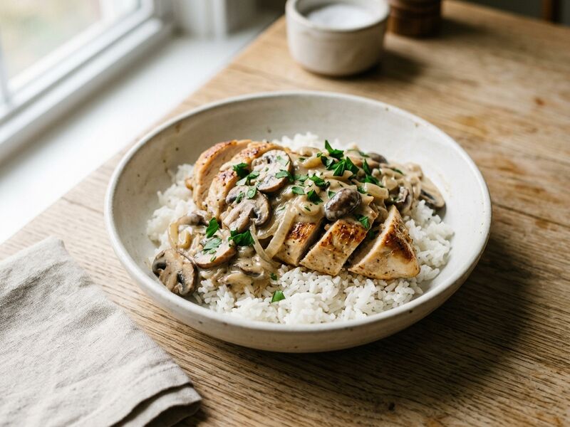 Sliced chicken breast in a creamy mushroom sauce over white rice.
