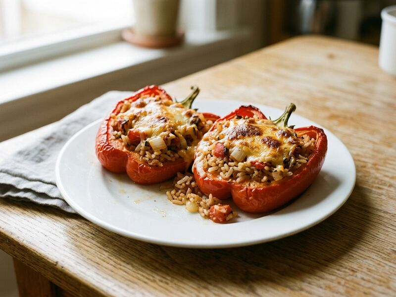 Two red pepper halves baked with a rice and tomato filling and melted cheddar on top.
