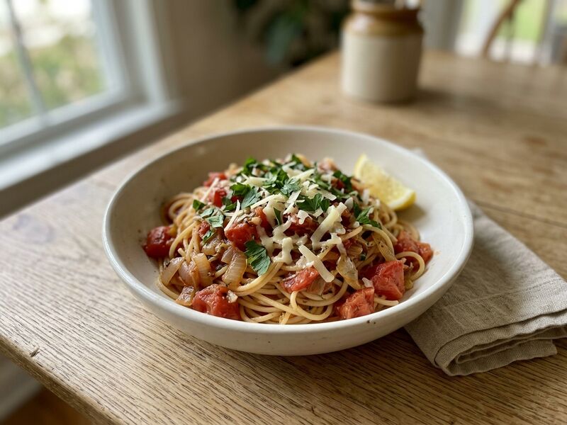 A bowl of spaghetti in a chopped tomato and onion sauce with parsley and a lemon wedge.