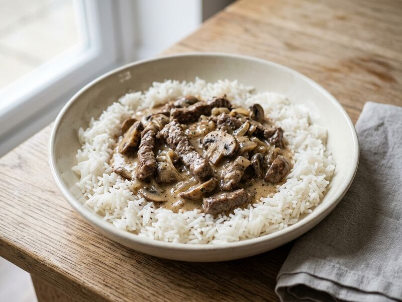 Beef stroganoff spooned over a bed of white rice in a shallow bowl.