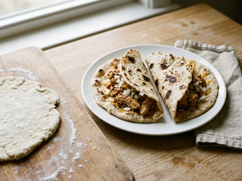 Hand-rolled flour tortillas, one still on a floured board, folded around shredded chicken.