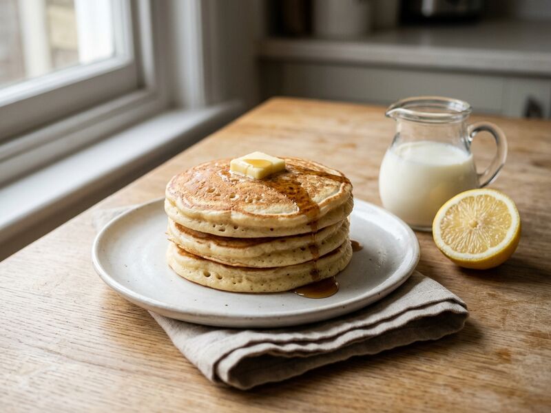 A stack of three pancakes with butter and syrup, a lemon half and a small jug of milk beside the plate.