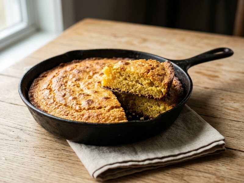 Golden cornbread in a black cast iron skillet, one wedge cut.