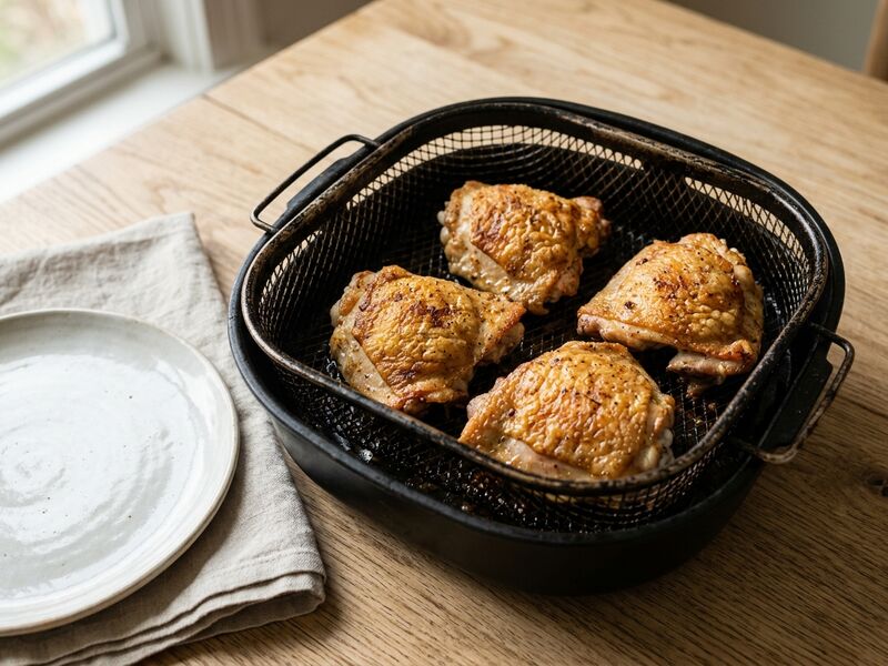 Crisp golden chicken thighs resting in an air fryer basket.