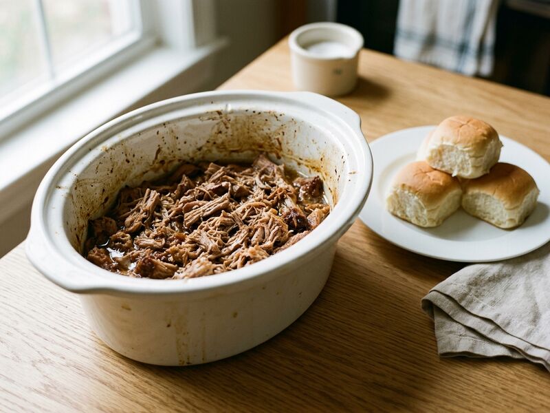 Shredded pulled pork in a white slow cooker crock, soft rolls beside it.
