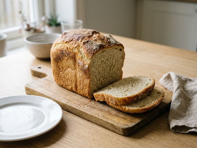 A tall square-shouldered white loaf with two slices cut, on a wooden board.