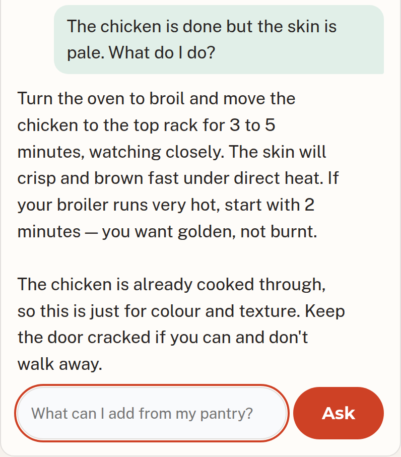 The Ask the Chef panel on a roast chicken recipe. The cook asks: the chicken is done but the skin is pale, what do I do? The chef answers: turn the oven to broil and move the chicken to the top rack for three to five minutes, watching closely.