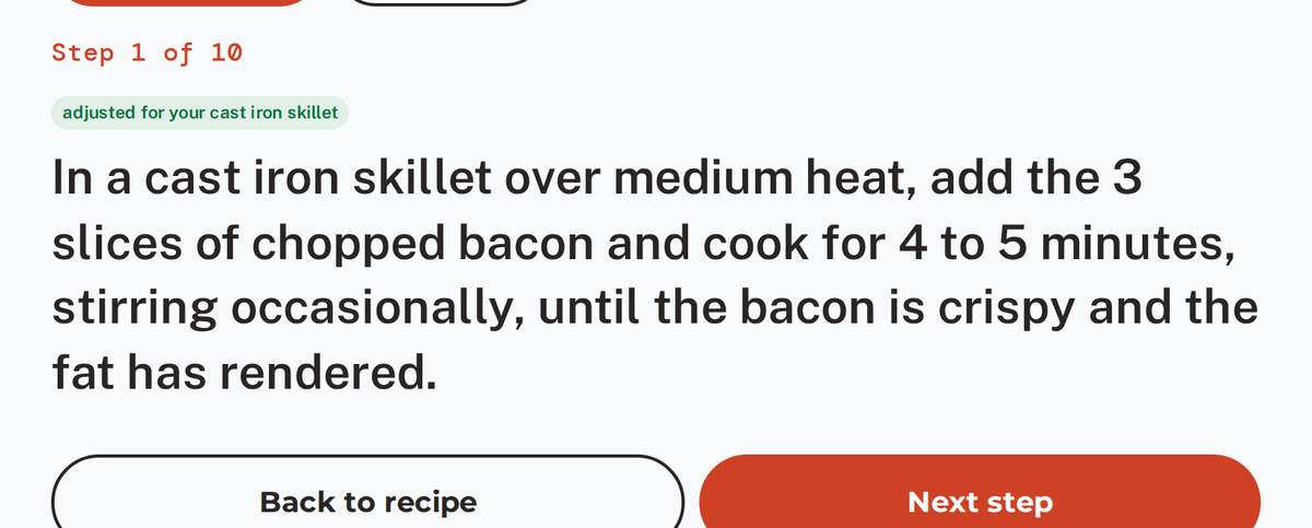 A cooking step labelled adjusted for your cast iron skillet, reading: In a cast iron skillet over medium heat, add the 3 slices of chopped bacon.