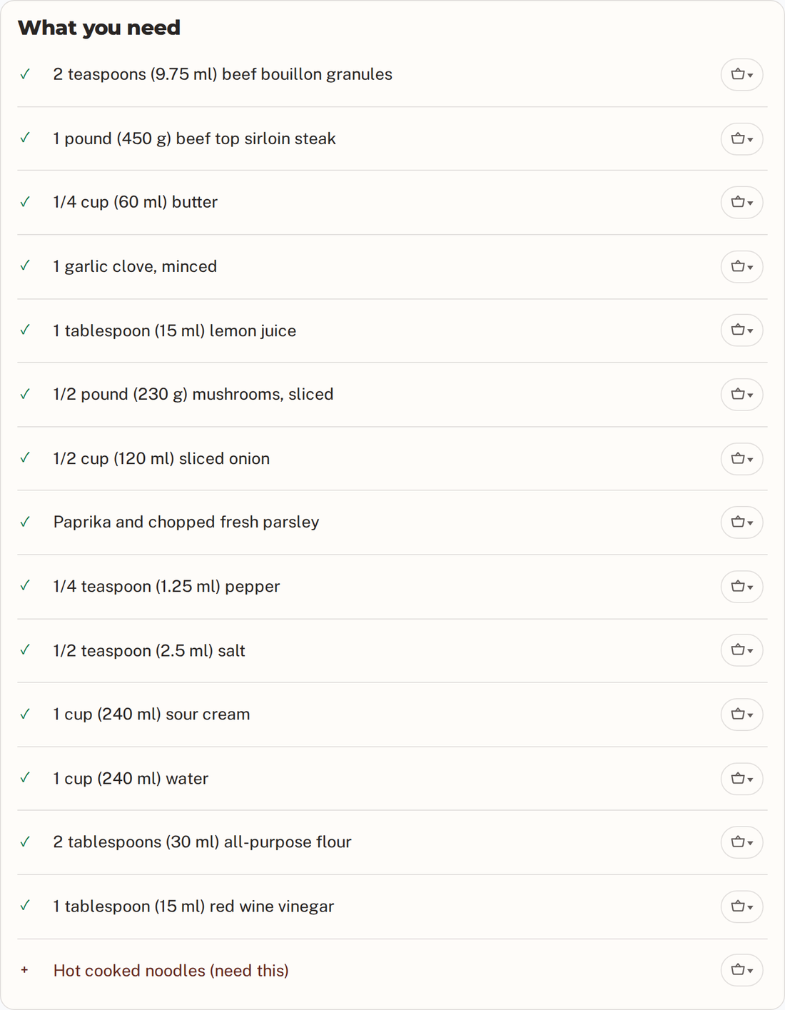 A recipe ingredient list. Fifteen items are ticked in green as already in the kitchen; one, hot cooked noodles, is marked in orange as the only thing needed.