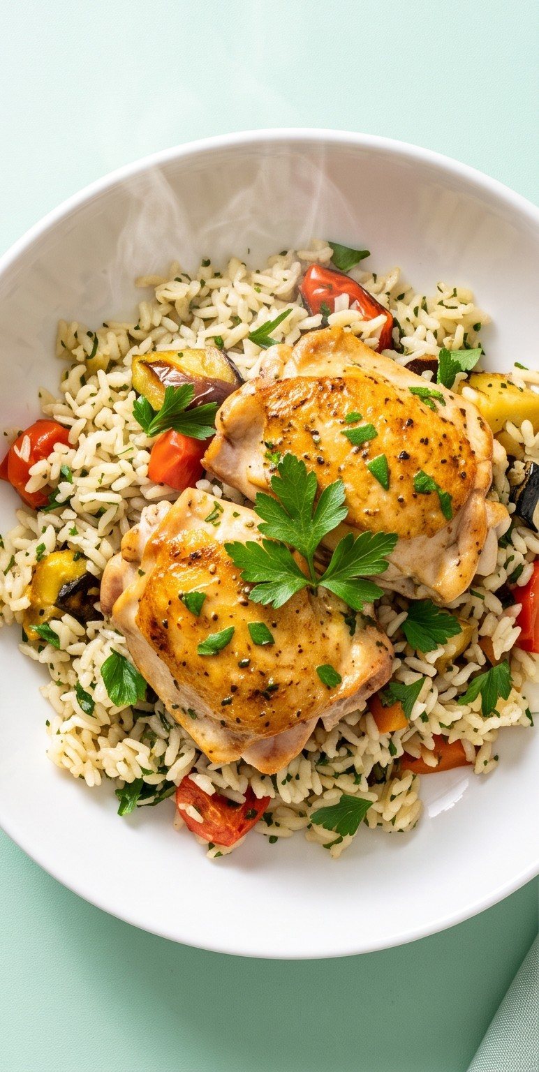 A bowl of chicken thighs over herbed rice with peppers and tomatoes, still steaming.