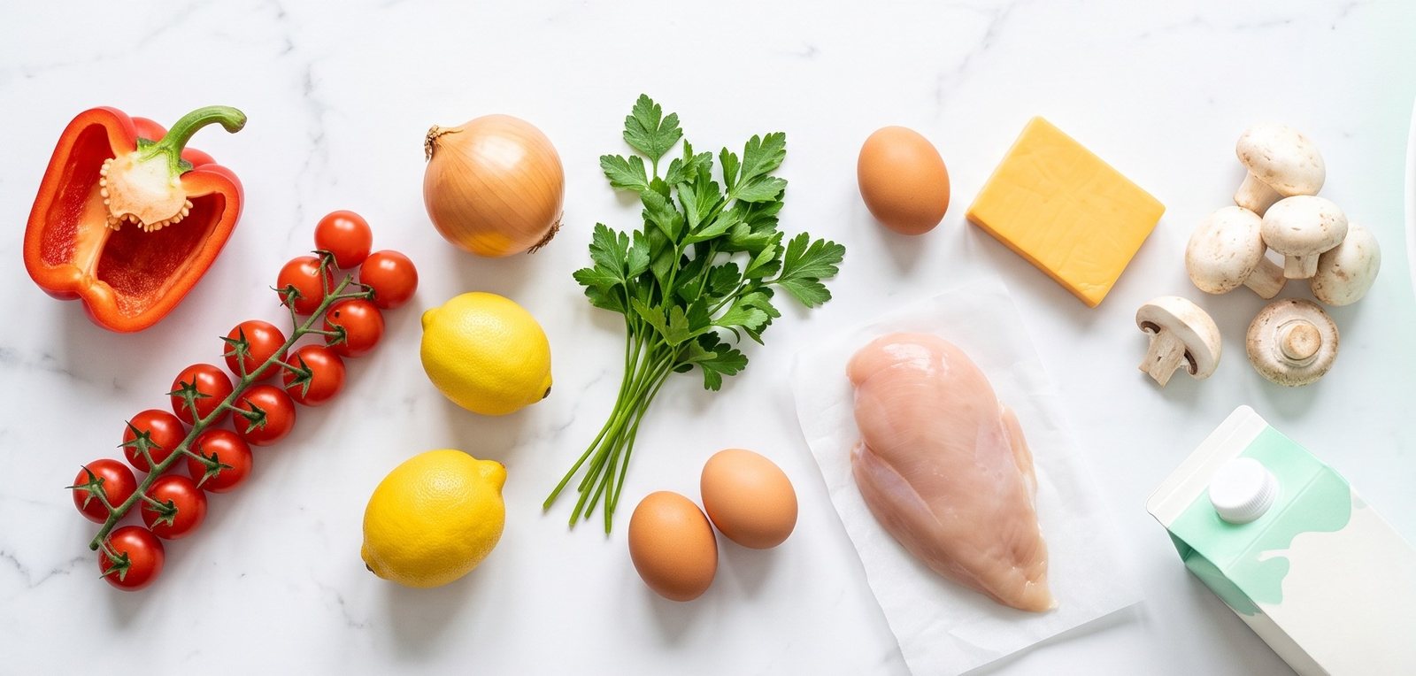 Red pepper, vine tomatoes, onion, lemons, parsley, eggs, cheddar, mushrooms, a chicken breast and a carton of milk laid out on a marble counter.