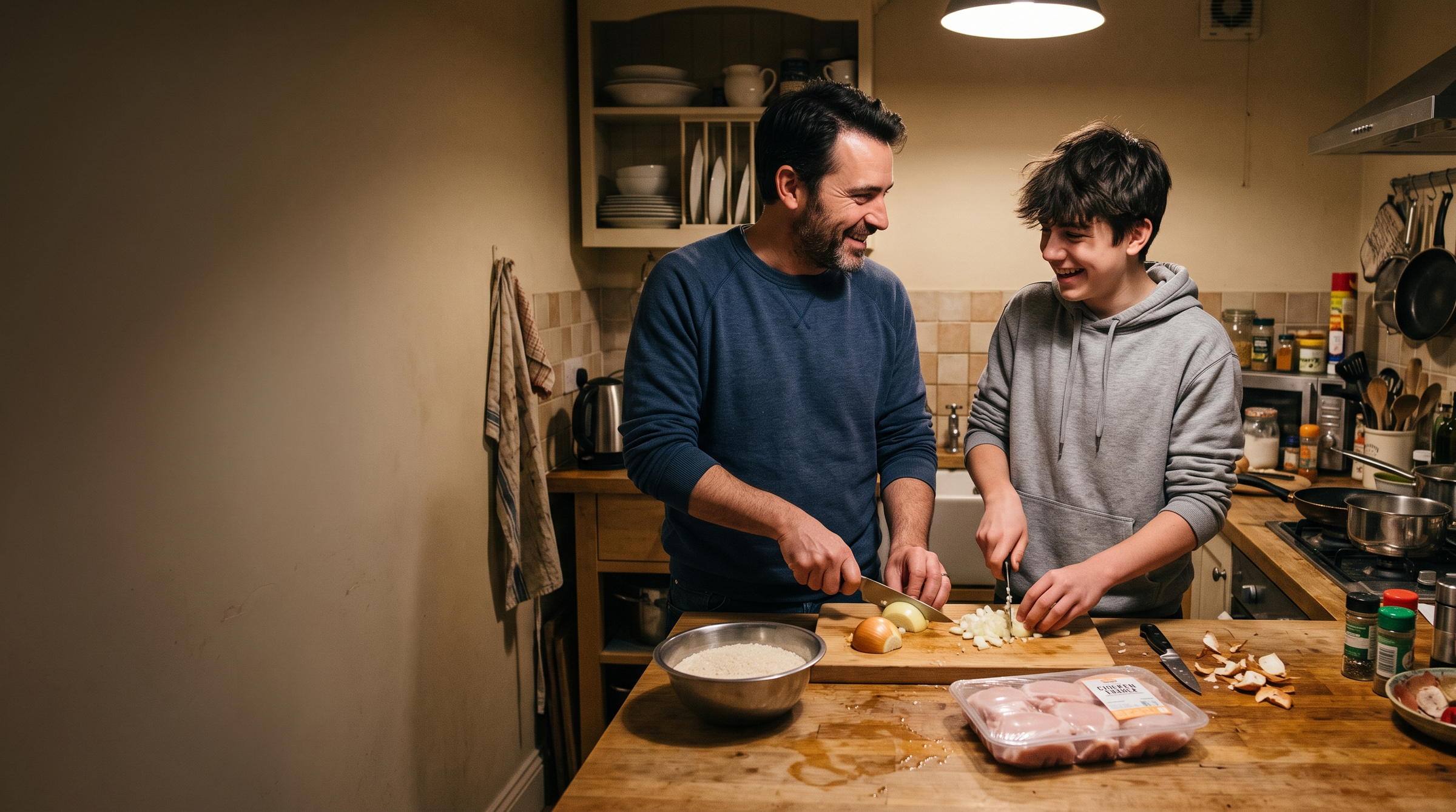 A man and a teenager cooking together at a kitchen counter in the
                evening, chopping an onion beside a bowl of rice and a pack of
                chicken thighs.